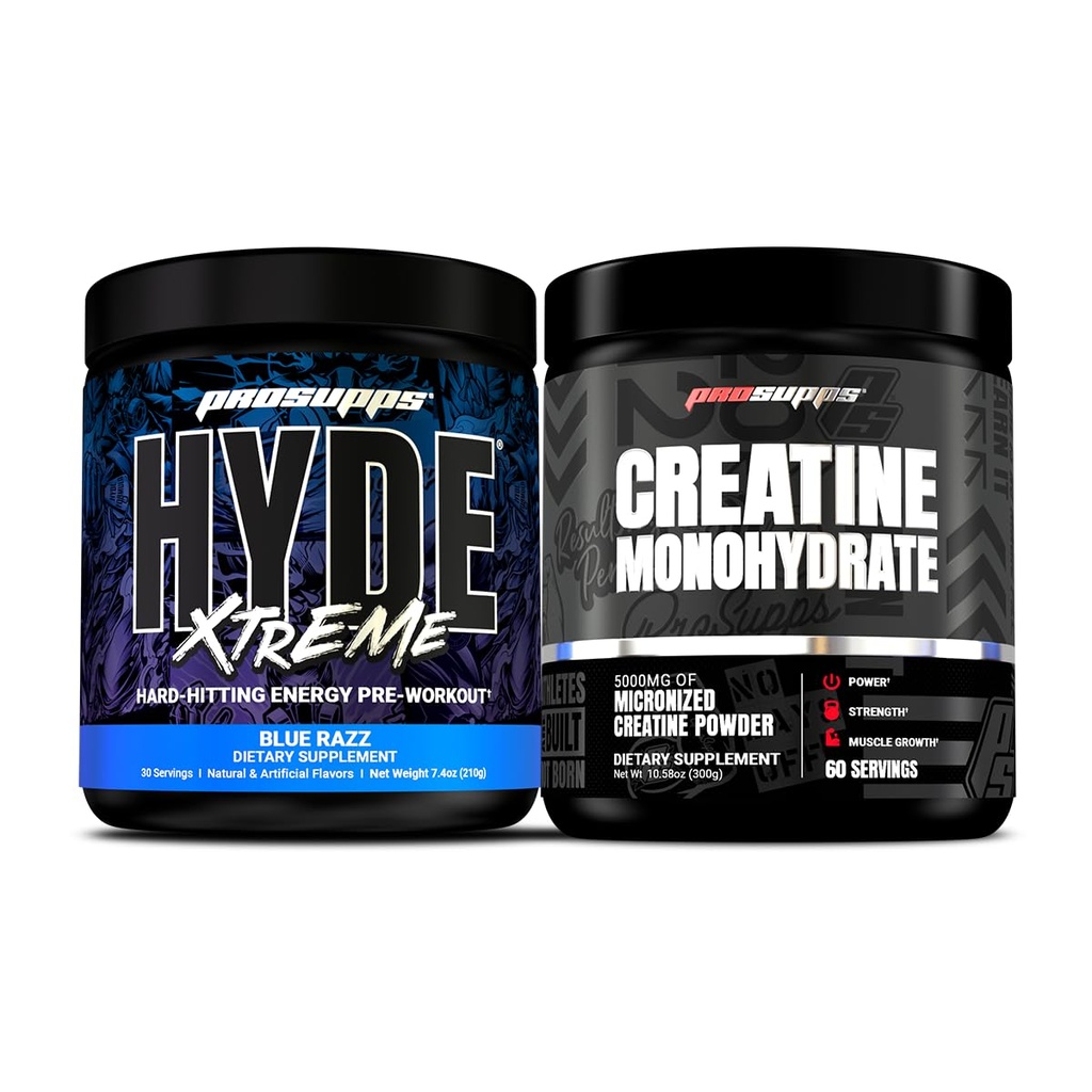 PROSUPPS Hyde Xtreme Hard-Hitting Energy Pre-Workout, Blue Razz e Creatine 300 Bundle