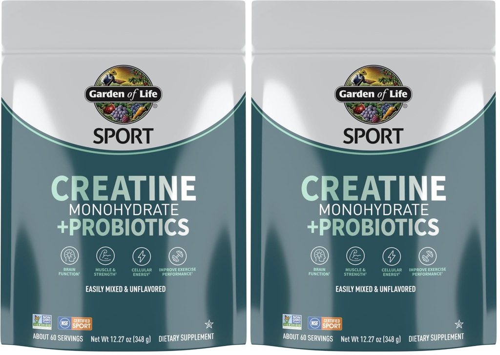 Giardino di vita Creatina polvere di monoidrato per le donne e gli uomini, micronized pre allenamento con probiotici per muscolo, resistenza, amino energia sportiva, circa 60 facili da miscelare selezioni non aromatizzate, (pacchetto di 2)
