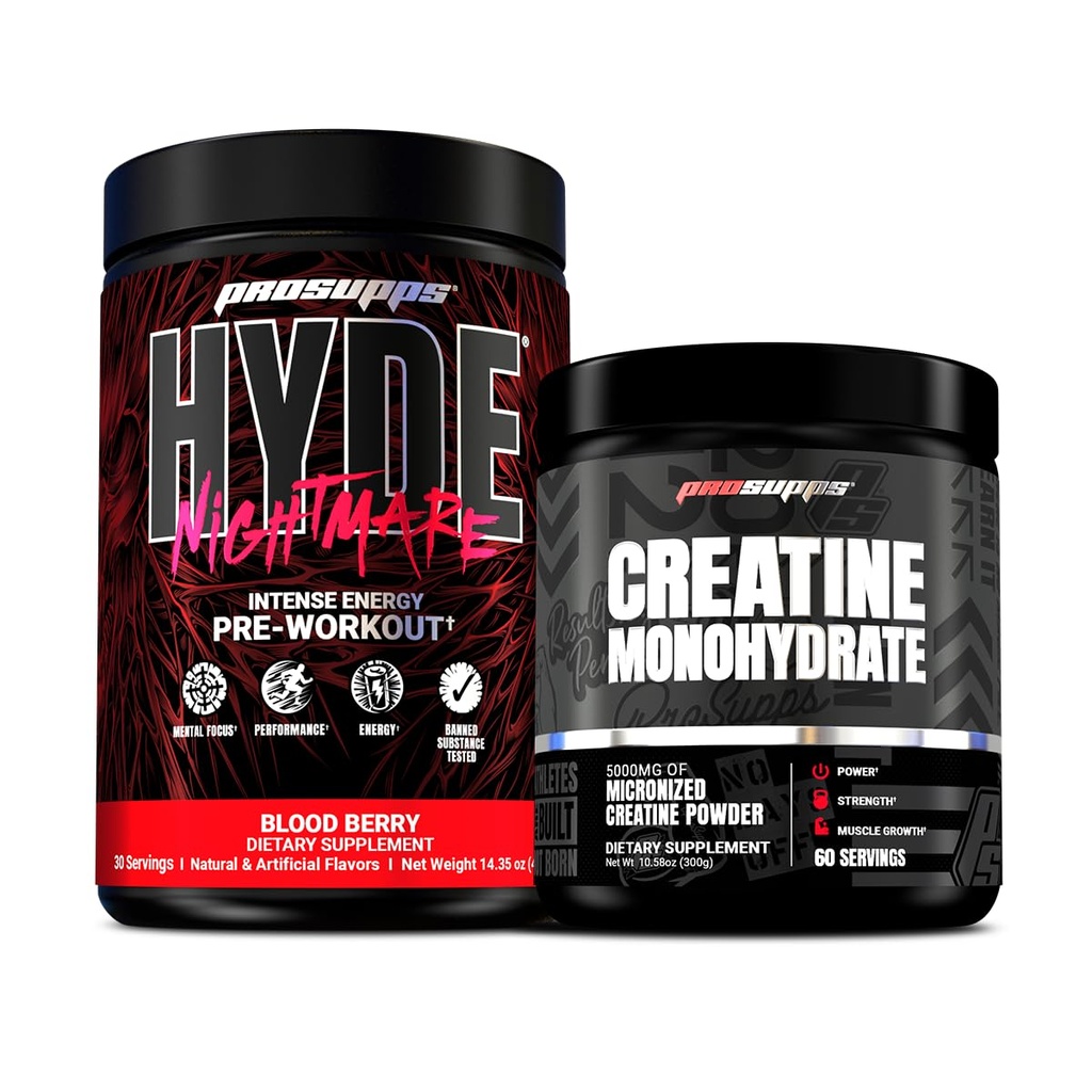 PROSUPPS Hyde Nightmare Intense Energy Pre-Workout, Blood Berry e Creatine 300 Bundle