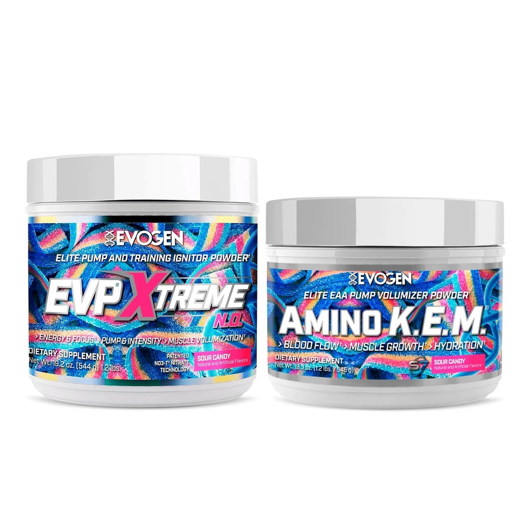 Evogen EVP Xtreme NO Amino K.E.M. Bundle – Pre Workout Powder & EAA/BCAA Pompa Volumizer per la crescita del muscolo, Hydration & Performance | Sour Candy