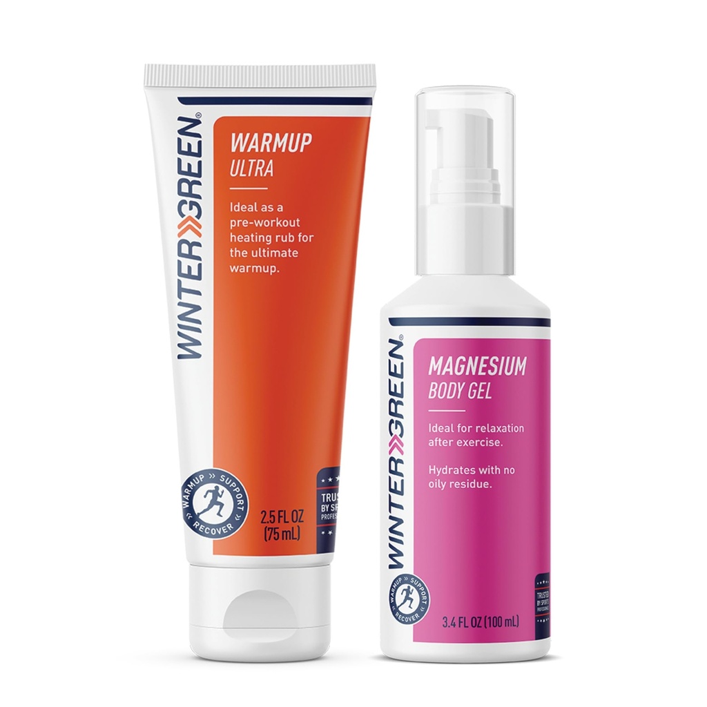 Pacchetto di allenamento Wintergeen: Gel di magnesio e lozione di allenamento per preallenamento e post-allenamento, Rubinetto muscolare per allenamento e gel di magnesio per ceppi di gambe
