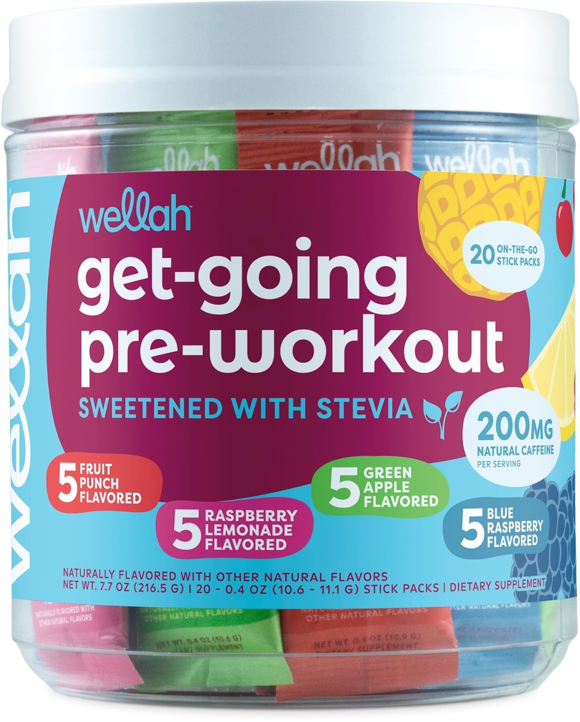 Wellah Get-Going Pre-Workout Variety Pack (20 Stick Pack) - 200 mg Caffeina naturale, Stevia-Sweetened, con Citrulline Malate e L-Theanine, & 1000mg di Beta-Alanine
