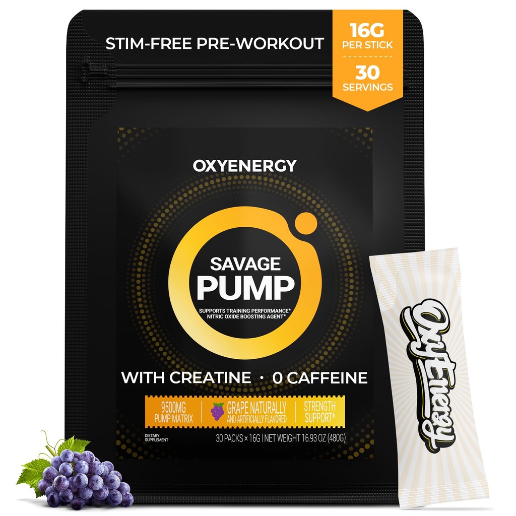 OxyEnergy Nitric Oxide Booster, Pompa Max Non Stim Pre polvere di allenamento per gli uomini, con Beta Alanine, L Citrulline, Creatina per Circolazione, Pompe muscolari, Endurance, Uva, On-The-Go Packet- 30 Servings