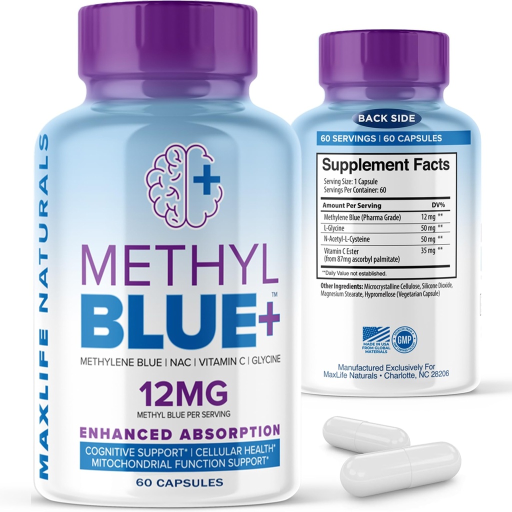 MAXLIFE NATURALS Pure Methylene Blue Capsules, Ultimate Methylene Blue Pharmaceutical Grade 12mg - 60 capsule con vitamina C Ester & NAC Glycine, Supporta la funzione cellulare e cognitiva, Made in USA