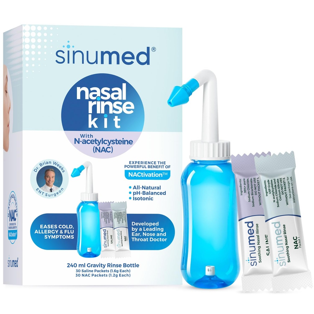 Sinus Rinse, 60PK Nasal Rinse Packets con NAC e Saline, Gravity Rinse Bottiglia, Alternativa a Neti Pot, Aiuta con Allergia, Congestione, Sintomi freddi (bottiglia di gravità con NAC 60PK)