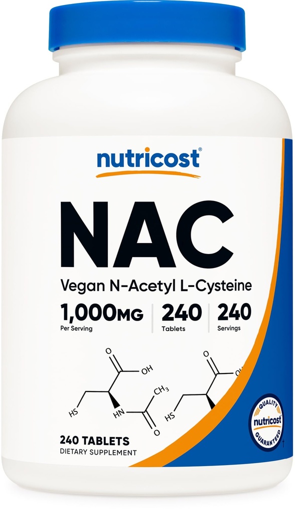 Nutricost N-Acetyl L-Cysteine (NAC) 1000 mg, 240 compresse vegane - OGM Free, Gluten Free, Integratore Vegetariano