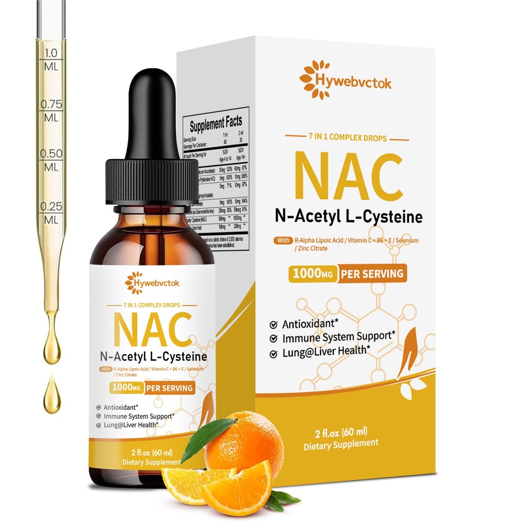 Liquido NAC Drops 1000 MG, NAC Supplemento N-Acetyl Cysteine con acido lipoico R-Alpha,NAC per bambini e adulti, Immune & Antiossidante supporto, Liver & Lung Health, Aroma arancione, 0 Zucchero, 2FL OZ