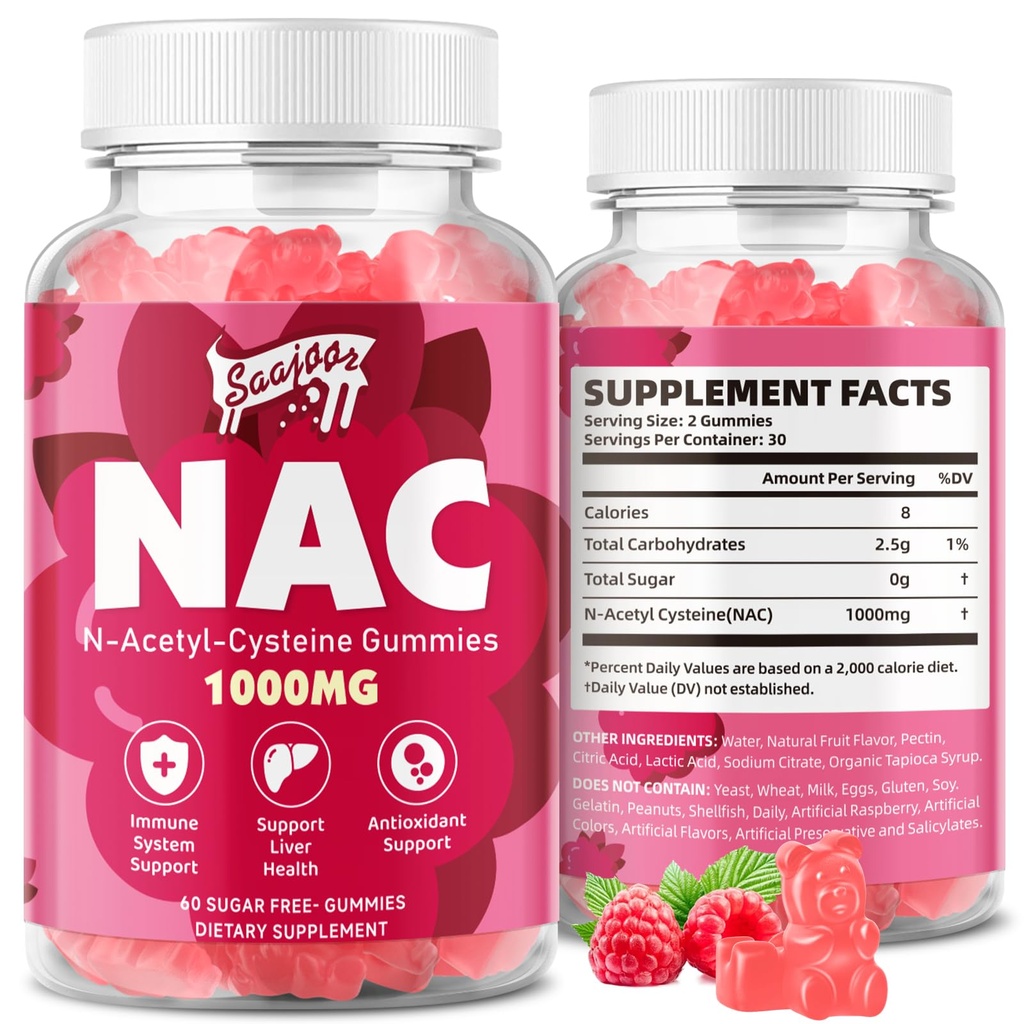 NAC Gummies Senza zucchero, N-Acetyl Cysteine NAC Supplemento 1000mg per Antiossidanti, Supporto immunitario, Non OGM, Senza glutine, Vegan – Sapore di lampone, 60 Gummies