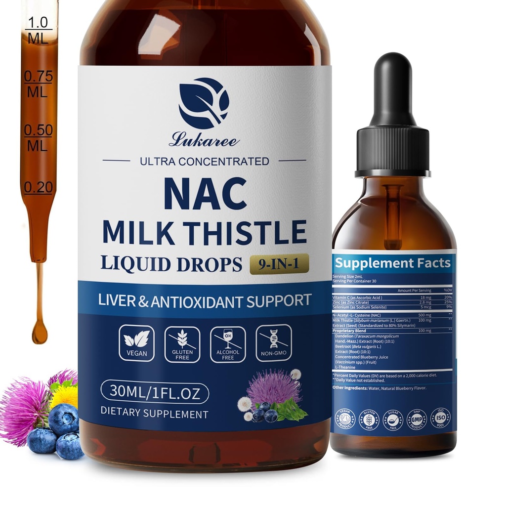 Lukaree Liposomal NAC Supplemento N-Acetyl-L-Cysteine 600mg con latte Thistle - NAC Amino Acid Drops w/Selenium for Liver & Kidney Support*, polmone, antiossidanti e supporto immunitario*- Vegan, Non-GMO- 2oz