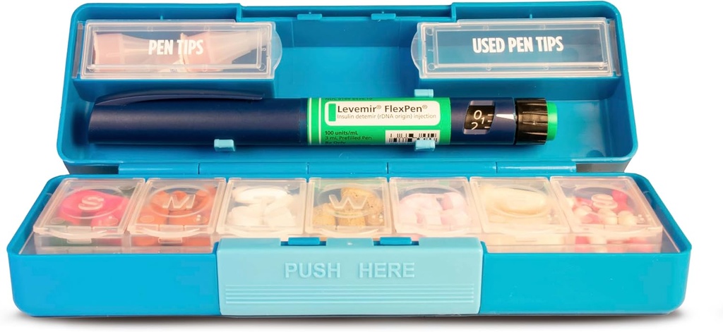 GMS Group Medical Supply, LLC Diabetic Pen Case & 7 Day Medicine Organizer - Travel Kit for Diabetic Supplies - in un Glance Medicine Reminder - Holds New & Used Needles Safely - Small & Discreet