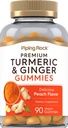 Piping Rock Turmeric and Ginger Gummies | 90 Count | Peach Flavor | Vegan Formula | Non OGM, Gluten Free Supplement