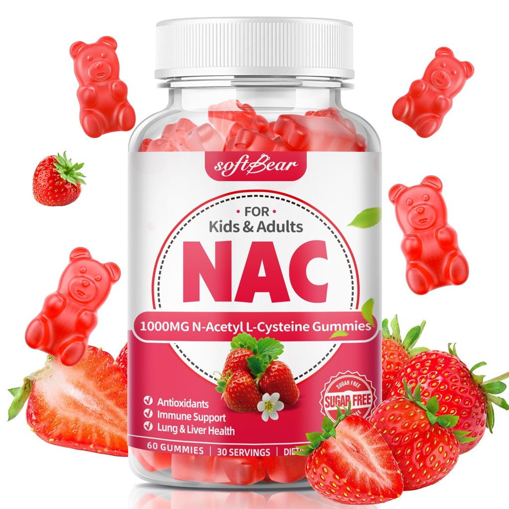 Softbear NAC Gummies per bambini e adulti, NAC Supplemento 1000mg N Acetyl Cysteine Supporta Lung & Liver Health, Antiossidanti & Immune System, Fragola Flavor 60 Conte