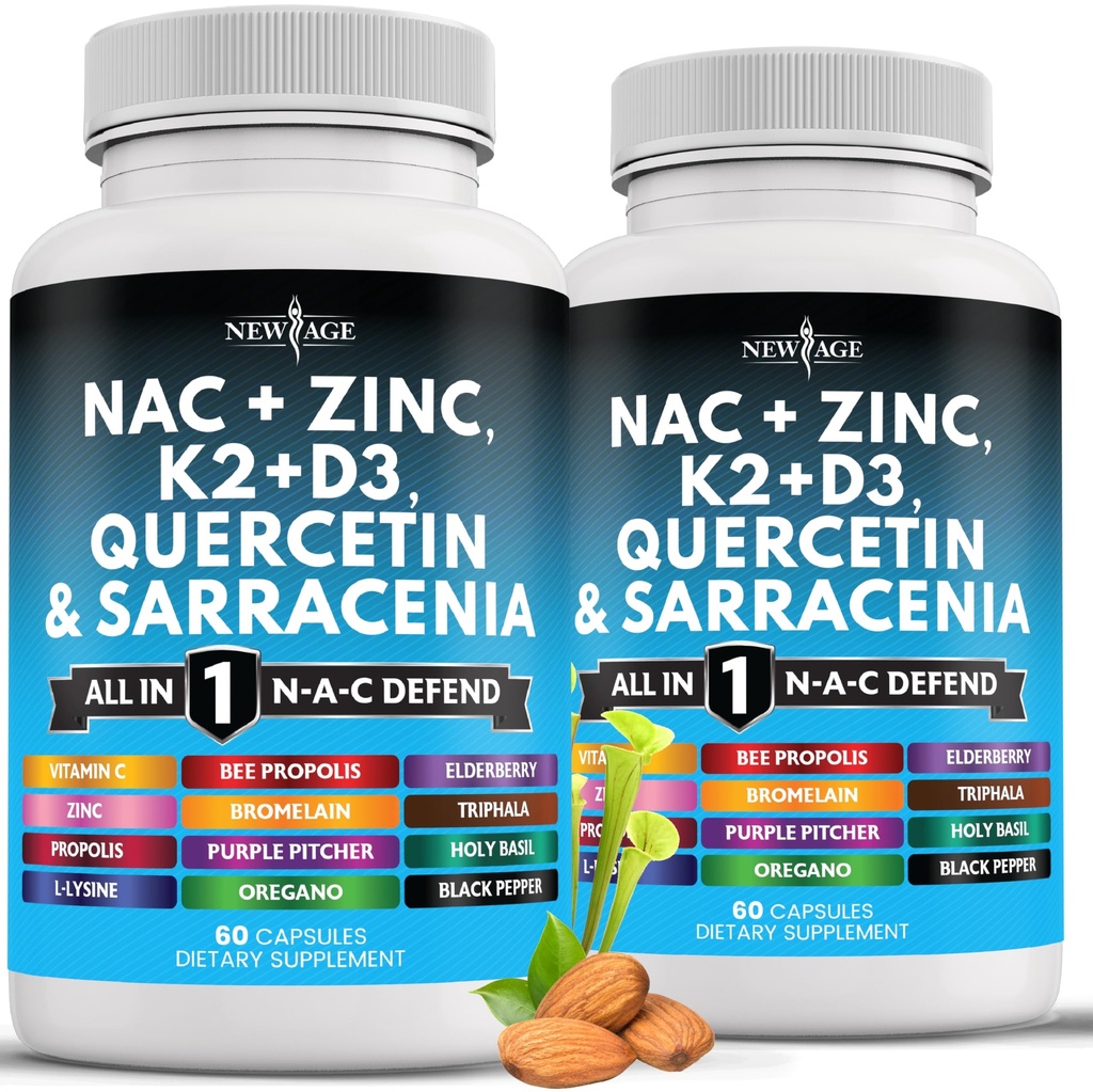 NUOVO AGE NAC Supplemento N-Acetyl Cysteine- con vitamina D3, K2, Zinco, Quercetina, Triphala, Sarracenia Purpurea, Elderberry, Santo Basilio, Bee Propolis, Bromelain, L-Lysine - 120 Conte