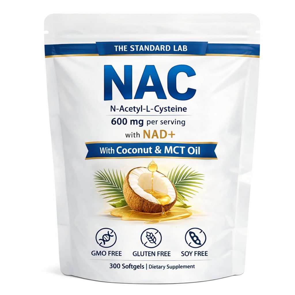Il laboratorio standard NAC 600mg con NAD+ Complesso giornaliero, N-Acetyl Cysteine Supplement Capsule, Antiossidante Formula di supporto, Vegan, Non OGM, Gluten Free, 300 Softgels