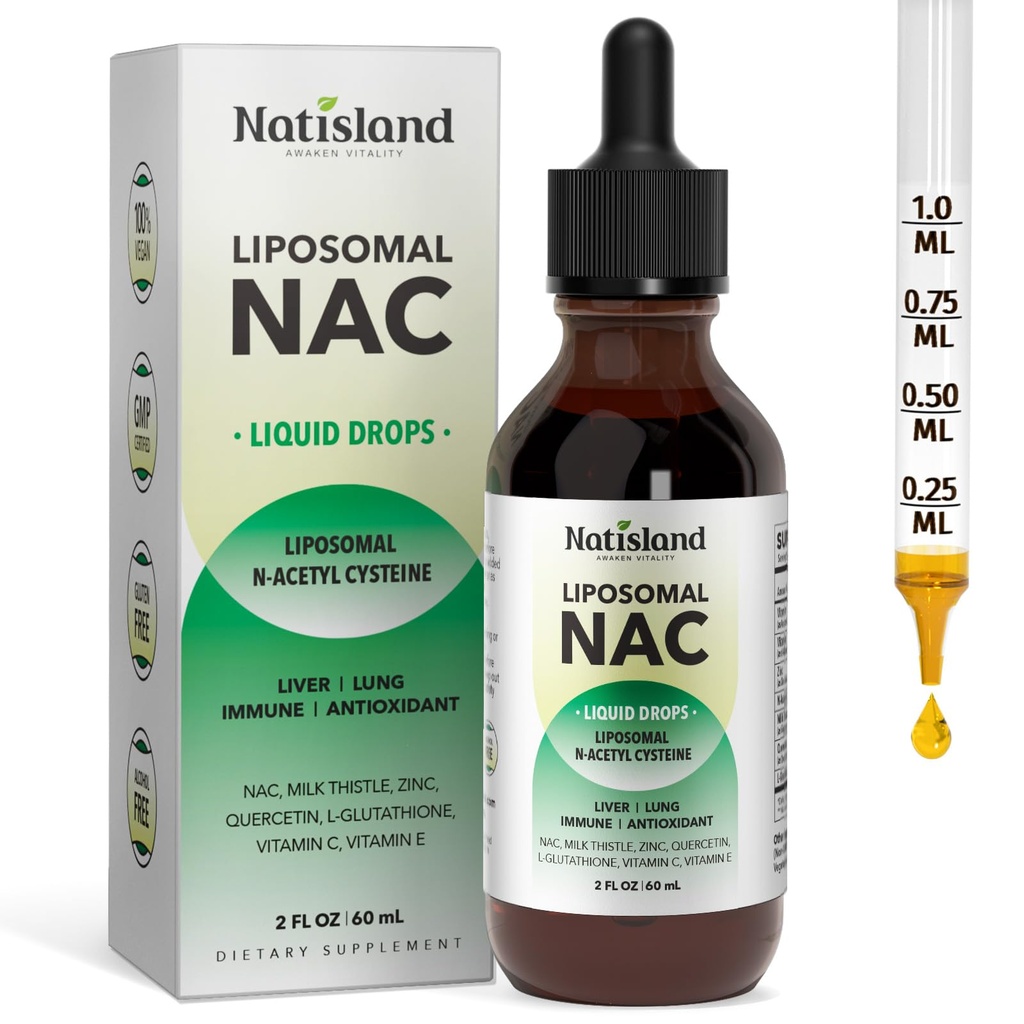 Liposomal Liquid NAC Drops, NAC Supplement N-Acetyl Cysteine, NAC 600 mg con latte Thistle & Quercetin per adulti e bambini, fegato & polmone, supporto immunitario e antiossidante, pelle e salute cellulare, 2 Fl Oz
