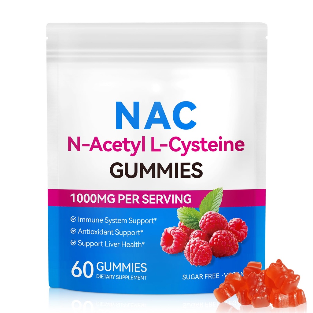 Daiasns NAC Gummies per adulti e bambini 1000mg - Chewable NAC Supplemento N-Acetyl Cysteine Supports polmonare e fegato Detox, Antiossidante & difesa immunitaria, Strawberry Flavor 60 Count