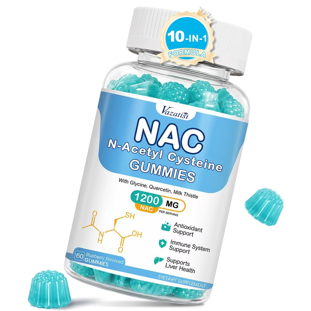 NAC Gummies, NAC Supplemento con cardo al latte, selenio, B6, B12 - Antiossidante, Supporto immunitario - N Acetyl Cysteine 600 mg per pancia - Mirtillo aromatizzato, 60 Cts
