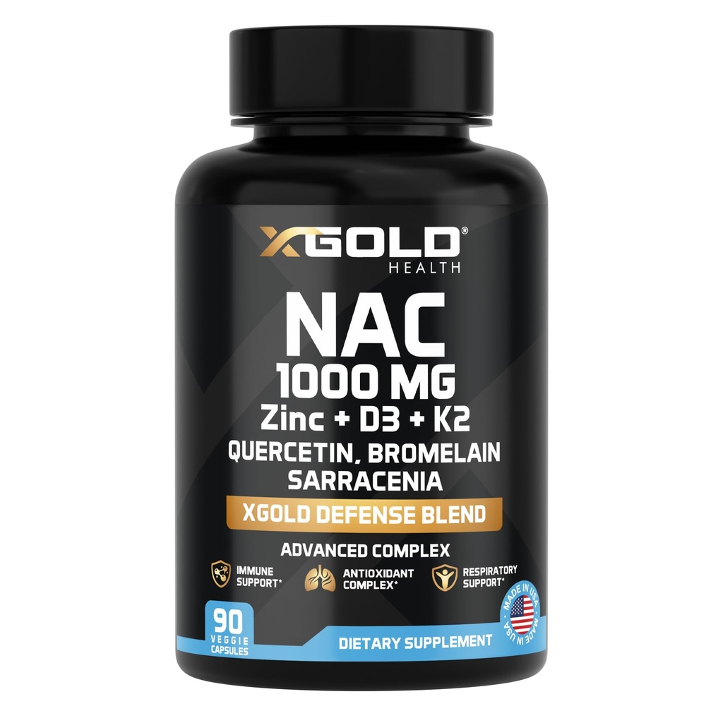 XGold Health NAC 1000 mg con Quercetin 95%, Bromelain, Zinco, Vitamina C, D3 & K2 Supporto immunitario & Antiossidante Supplemento Advanced Defense Blend 90 Veggie Capsule