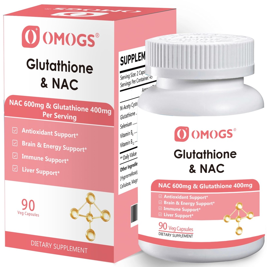 OMOGS Glutathione & NAC Supplemento, con vtamin B & Selenium, Supporta la salute del fegato, Cellulare, Antiossidante, Produzione di energia & Immune, Vegan & Gluten-Free, 90 capsule di veg.