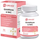 OMOGS Glutathione & NAC Supplemento, con vtamin B & Selenium, Supporta la salute del fegato, Cellulare, Antiossidante, Produzione di energia & Immune, Vegan & Gluten-Free, 90 capsule di veg.