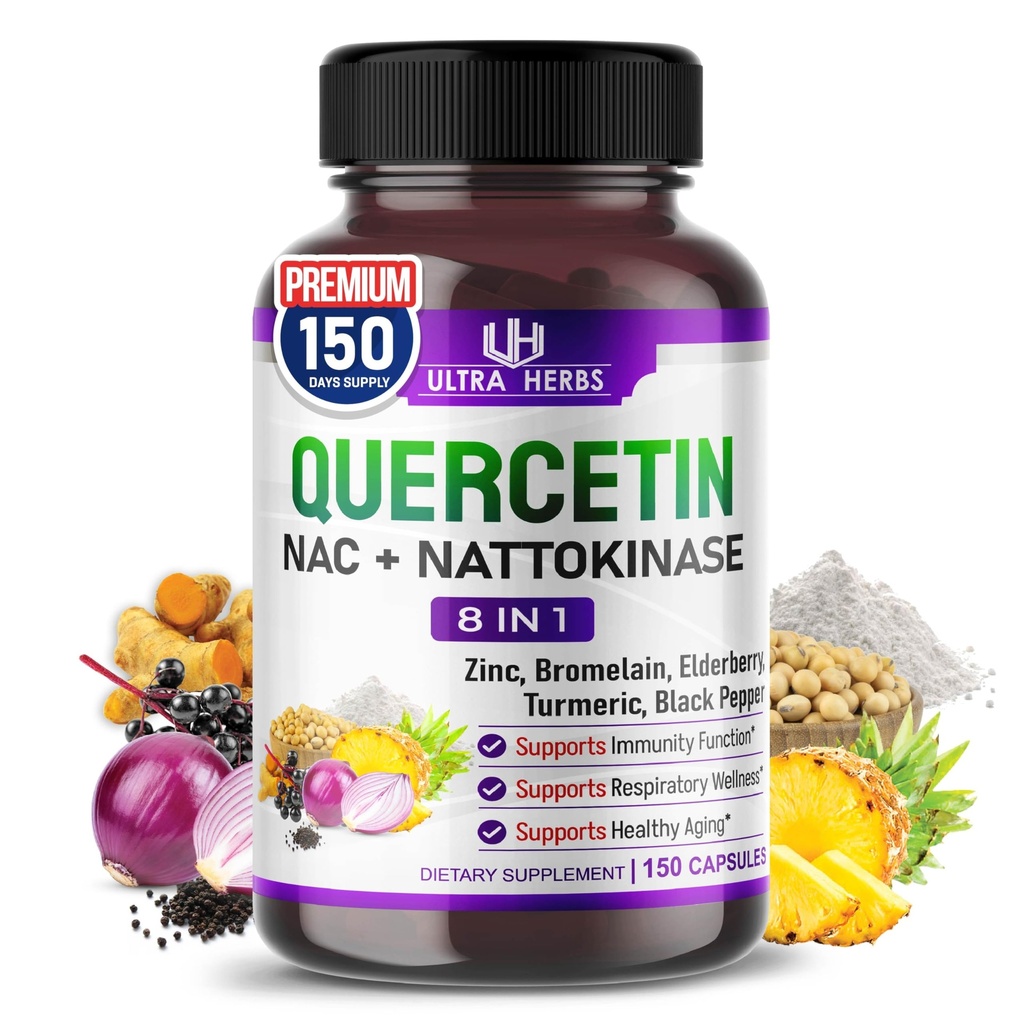 Integratore di quercetina con Bromelain, Vitamina C e Zinco, Nattokinase, NAC, Elderberry, Elderberry | 8 in 1 Complesso Antiossidante Ultra per la Salute Immune | 150 capsule