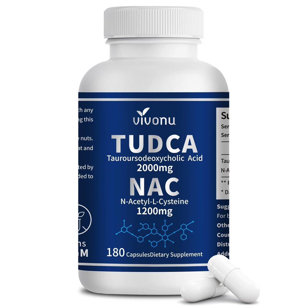 VivoNu TUDCA 2000mg + NAC 1200mg Supplemento Capsule Complesso, Potente sale TUDCA Bile + N Acetyl Cysteine, Antiossidante Supplementi per Liver & Lung& Gallbladder Cleanse, Digestione - 180 Capsule