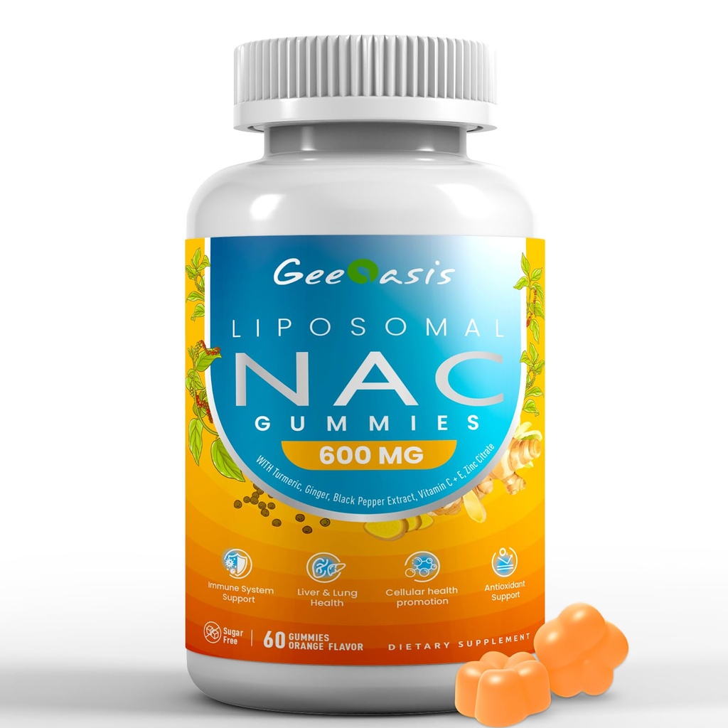 Liposomal NAC Gummies 600mg, N-Acetyl Cysteine Supplemento per bambini e adulti, con curcuma, zenzero, pepe nero, Immune, supporto per fegato e polmone, antiossidante, aroma di ananas senza zucchero, 60 conteggi