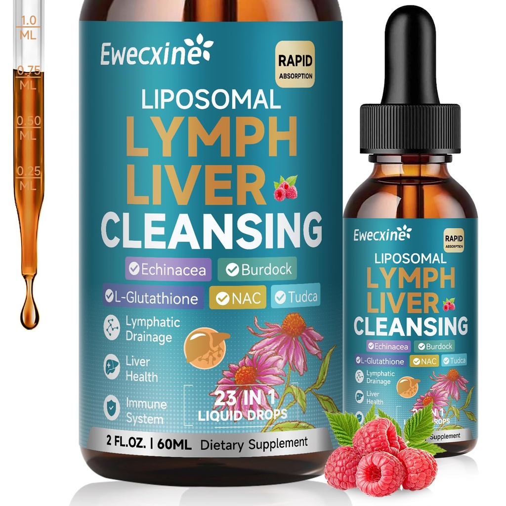 Drenaggio limfatico limosomico & gocce di pulizia del fegato, 23 in-1 con Echinacea, NAC, TUDCA, L-Glutathione, Burdock per Lymph, Liver Detox & Repair, Supporto immunitario, Raspberry Flavor, 2 fl oz Supplemento