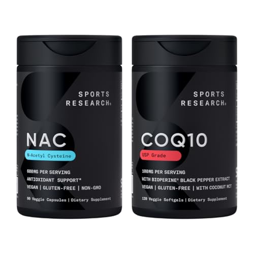 Pacchetto di supporto antiossidante per la ricerca sportiva® - N-Acetyl L-Cysteine (NAC) 600mg, CoQ10 100mg Enhanced w/Coconut Oil & Bioperine - Vegan · Non-OGM · Gluten Free