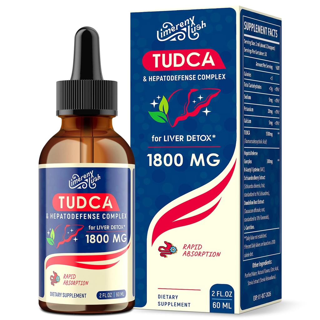 Supporto per fegato TUDCA Drops 1800mg - Integratore potente del fegato con sali di bile, NAC, Schisandra e Dandelion, Detox del fegato e riparazione - Fast-Absorbing, Sugar-Free, Alcohol-Free – 2 Fl.Oz