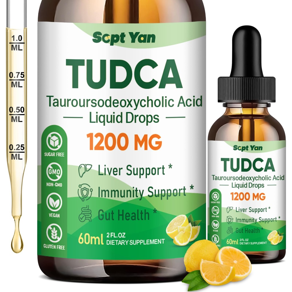 Integratore di TUDCA 1200mg Gocce liquide, Integratore di fegato con TUDCA, NAC, Semi di Thistle di latte e Dandelion , per il supporto del fegato, e la pulizia della vescica & riparazione, senza zucchero, Vegan, aroma di limone, 2 Fl Oz