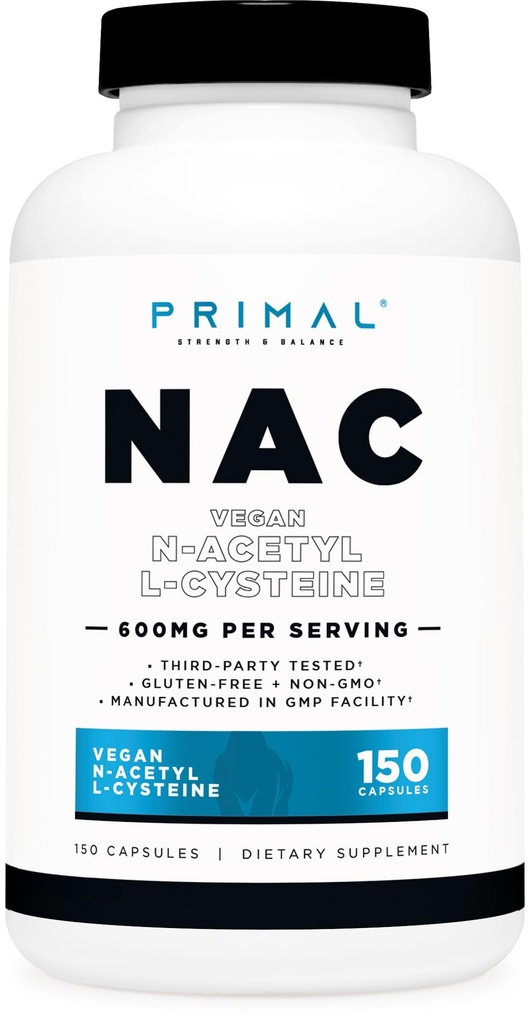 Primal N-Acetyl L-Cysteine (NAC) 600mg, 150 Capsule - Vegan N-Acetyl L-Cysteine Supplement, OMO-Free, Senza glutine