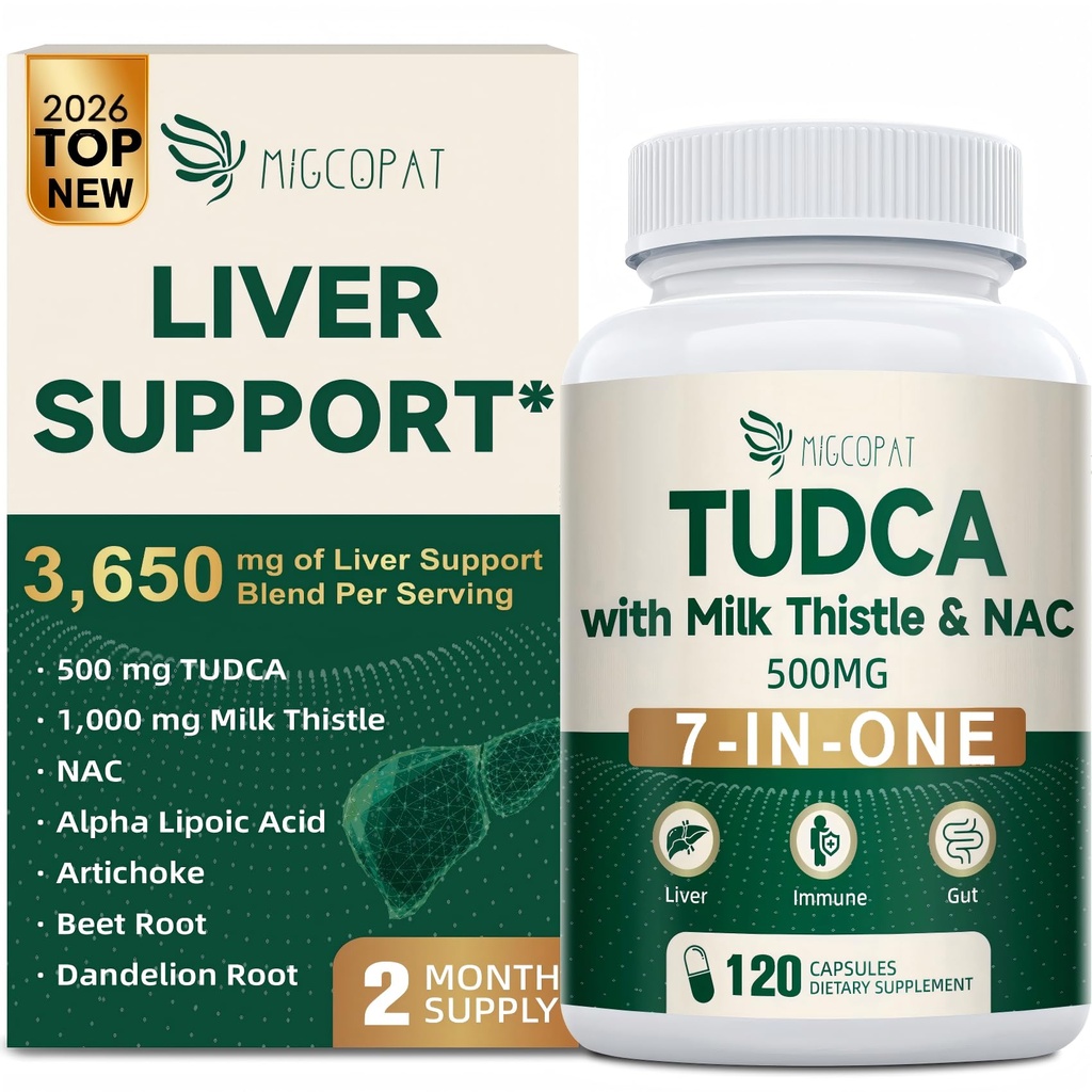 Migcopat 7-in-One TUDCA Supplemento, 3650mg con cardo al latte, NAC, acido lipoico alfa, radice di dadelion, sali di bile TUDCA per la pulizia del fegato Detox & Repair, Bile Flow e supporto digestivo - 120 capsule