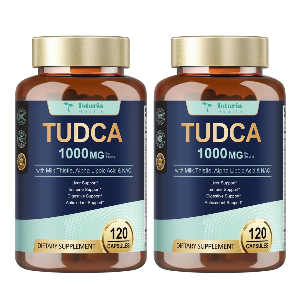 Totaria 2 Pacchetti TUDCA 1000mg Supporto per fegato Supplemento con cardo al latte, NAC, ALA, 80% Silymarin, 15-in-1 Sale Bile Extra Forza