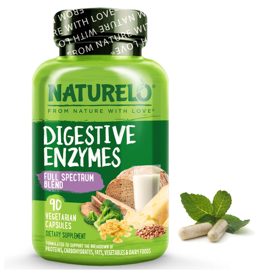 NATURELO Digestive Enzymes - Full Spectrum Support con una vasta miscela di 15 enzimi Plus Ginger - 90 capsule vegane