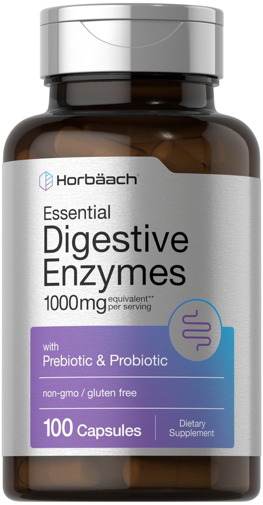 Horbäach Essential Digestive Enzymes | 100 capsule | Miscela di enzime per uomini e donne | Non-GMO & Gluten Integratore gratuito