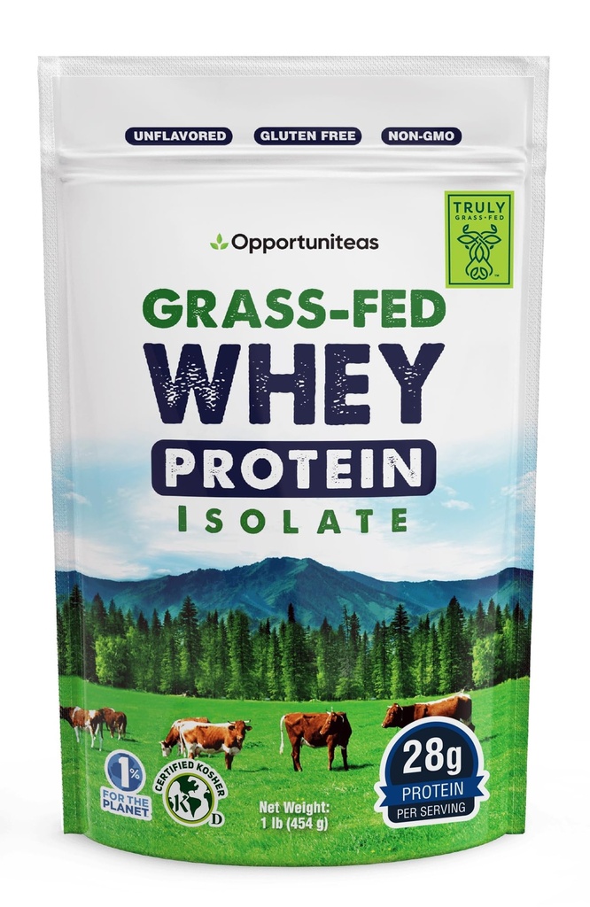 Opportuniteas Grass Fed Whey Isolate Protein Powder – Unflavored, Heavy-Metal Tested, 28g Protein, Sorgente da Irlanda, Senza Ormone, Non OGM, Confezionato negli Stati Uniti – 1lb
