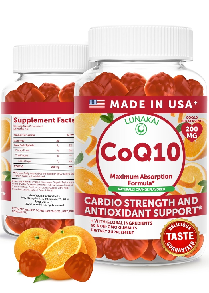 Lunakai USA ha fatto coQ10 gommoni per gli adulti – 200 mg High Potency Coenzyme Q10 supplemento per il cuore quotidiano, l'energia e il supporto antiossidante per le donne e gli uomini, non OGM, 60ct