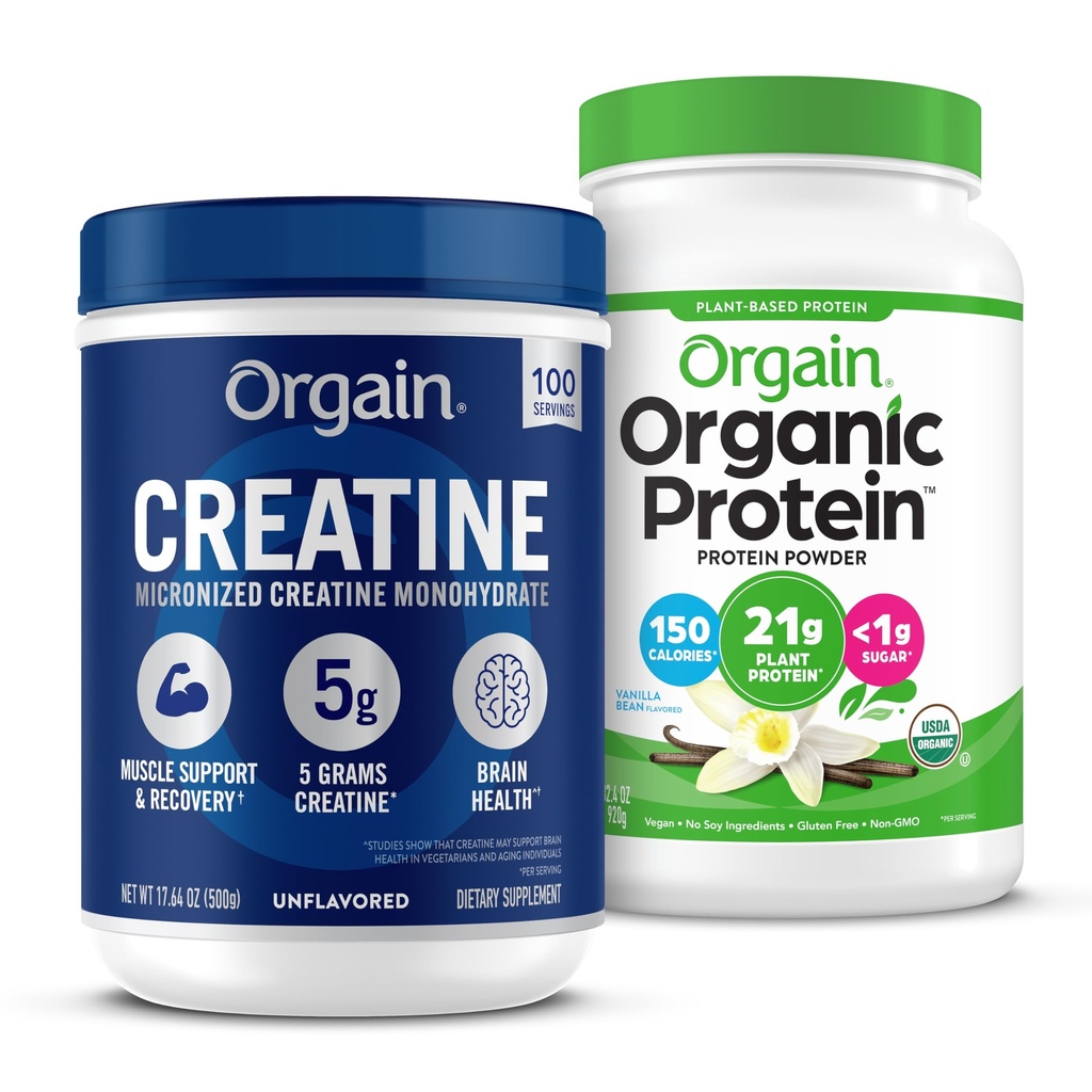 Orgain Creatine Monoidrato Polvere 17.64 Oz (100 Serve) & Organic Vegan Vanilla Bean Protein Powder 2.03 lb Bundle - Proteine Basate e Supporto Muscolare