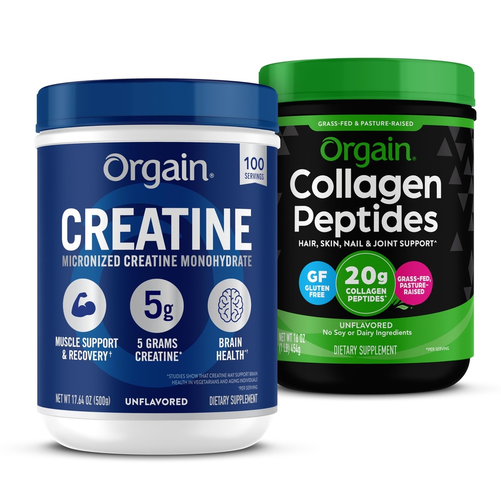 Polvere di monoidrato della creatina dell'orgaina 17.64 Oz (100 Serve) & Peptidi del collagene Polvere 1lb (20g di erba) Bundle - Supplementi non aromatizzati, non OGM per muscolo, cervello, pelle e supporto misto