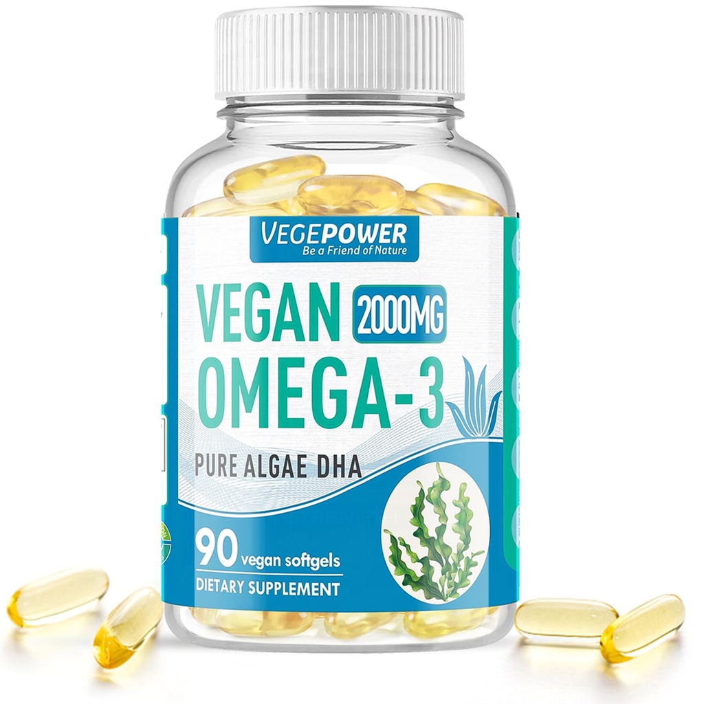 Vegan Omega-3 Algae DHA Integratori - 2000mg Olio di alghe, Alga prenatale piantato DHA, 90 Carrageenan Free Softgels -Sustainable Fish Oil Supporti alternativi cervello, cuore, occhi, salute comune
