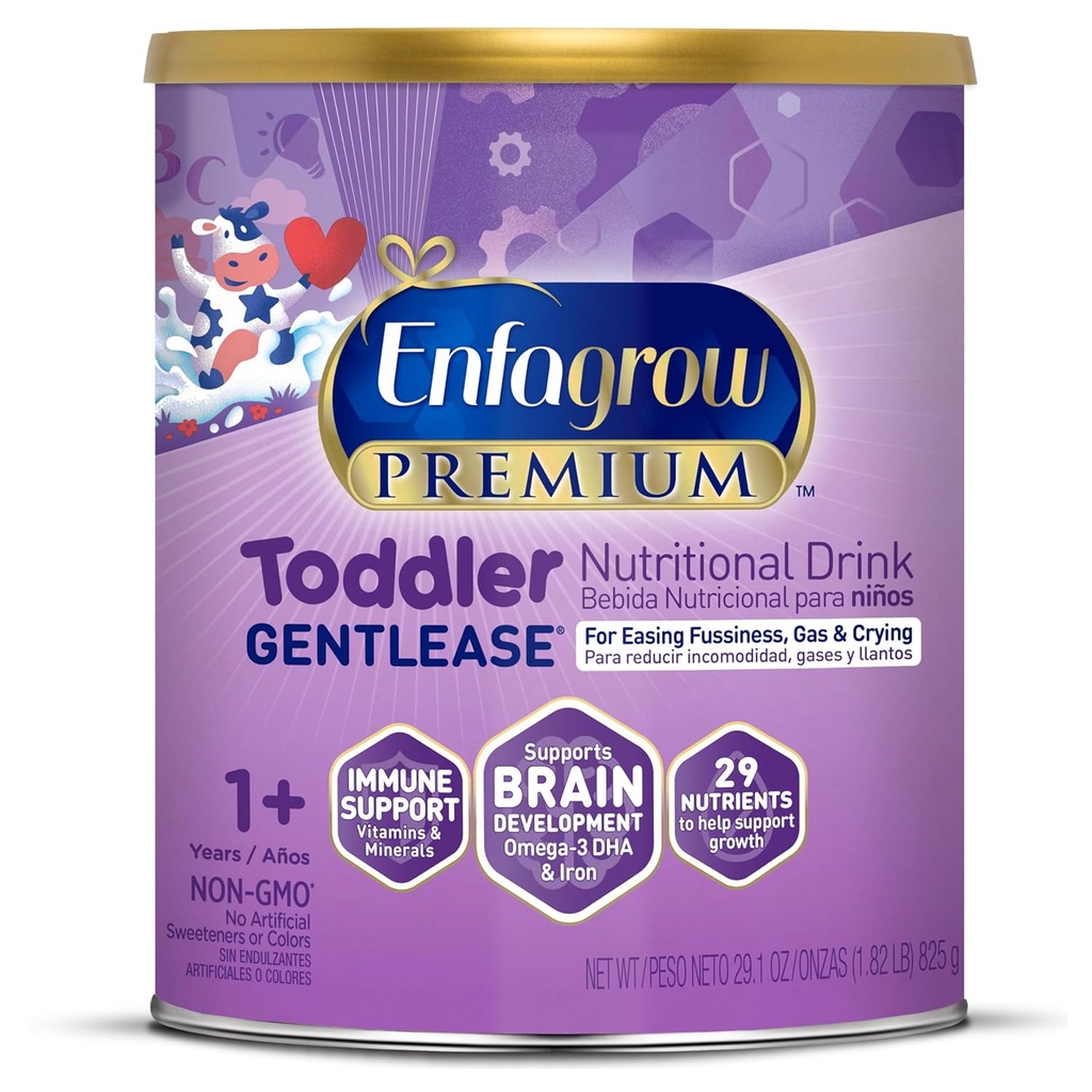 Enfagrow PREMIUM Gentlease Toddler Nutritional Drink, fatto con latte reale, progettato per alleviare il fumo, Gas & Crying, Brain-Building Omega-3, Nutrienti per la crescita & supporto immunitario, Polvere Can, 29.1 Oz