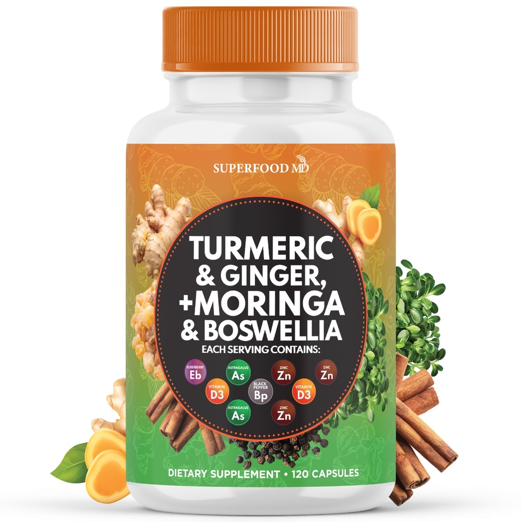 Integratore Turmerico Moringa | Ginger, Boswellia, Zafferano, Santo Basilio- Supporto Congiunto per Donne e Uomini con Ceylon Cinnamon, Quercetin, Tart Cherry- 120 Count