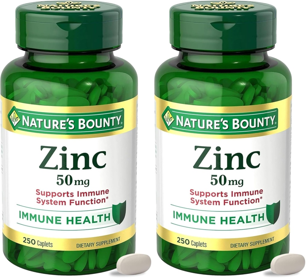 Bounty Zinc 50mg,Supporto Immune & Supplemento Antiossidante,Promotes salute della pelle,1 Caplet al giorno,Gluten Free,250 Caplets vegetariani,(Pack of 2)