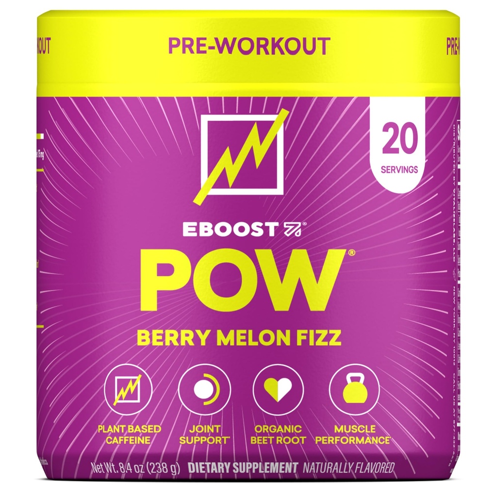 Polvere naturale di pre allenamento EBOOST POW - 20 Serve - Melon Fizz Berry - Supplemento pre allenamento per prestazioni, supporto di mobilità comune, energia, messa a fuoco - Uomini e donne - Non OGM, senza glutine, no creatina