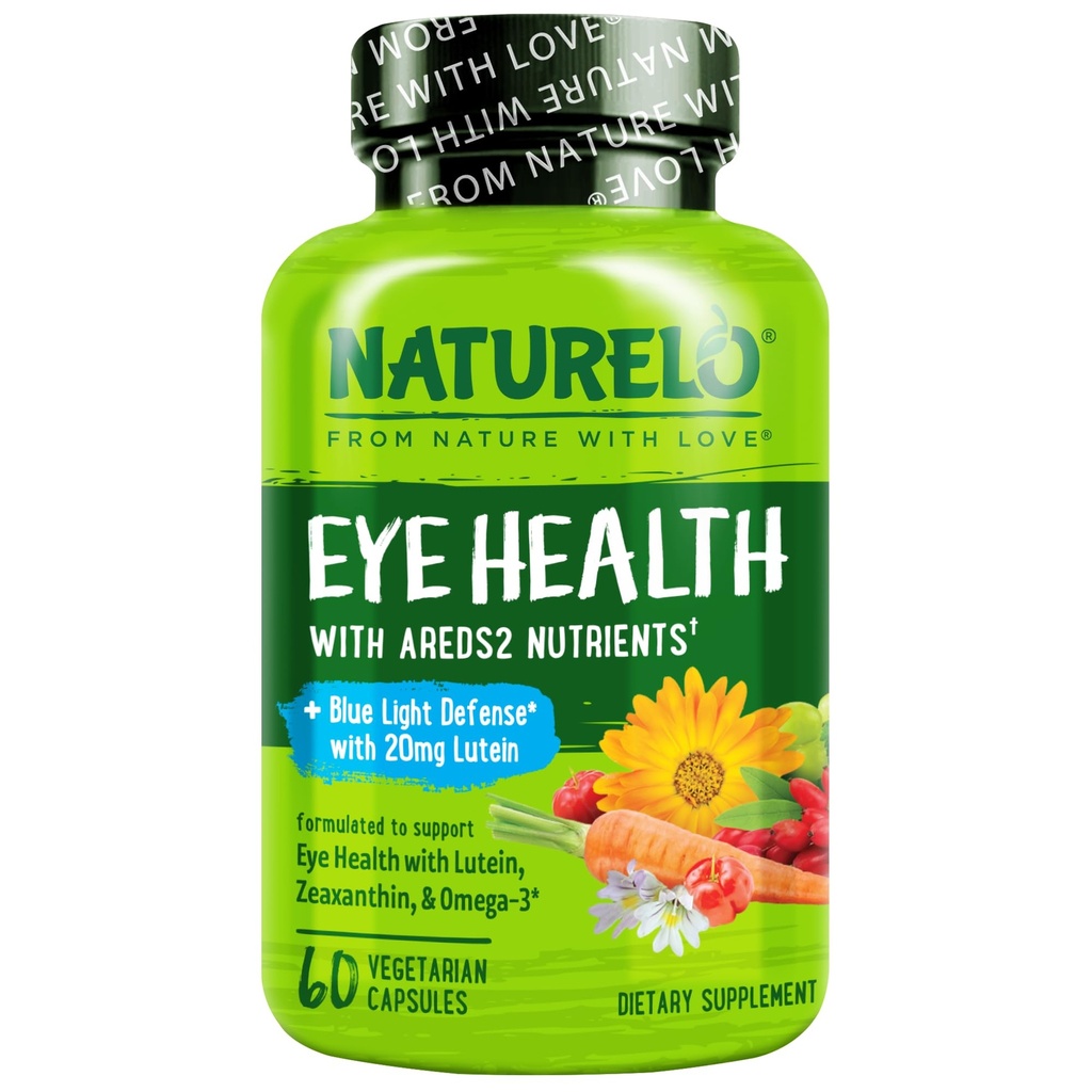 NATURELO Eye Vitamins - AREDS 2 Nutrienti Formula con Lutein, Zeaxanthin, Vitamina C, E, Zinco, Plus DHA - Supplemento per Occhi Secchi, Visione sana, Supporto per gli occhi - 60 Capsule Vegan