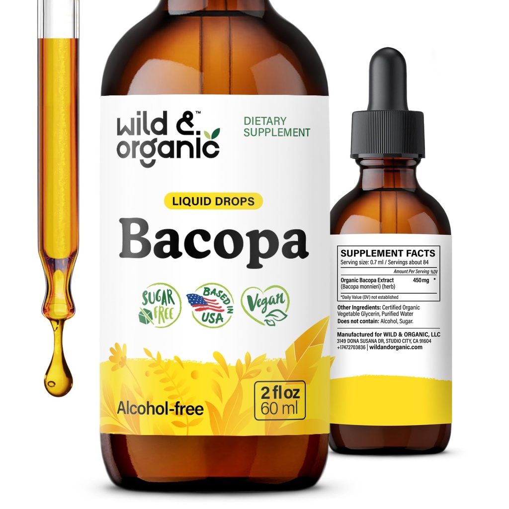 Wild & Organic Bacopa Tincture - Supporti Calma, Focus, Clarity - Bacopa Monnieri Supplemento Liquido - Alcol-Free Gocce con Brahmi Extract - Vegan, Sugar-Free - 2-Month Fornitura - 2 fl oz