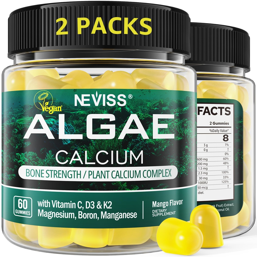 (2 Pack) Calcium Gummies per le donne, Zucchero Free Calcium Supplemento da Alghe Sostenibili (3rd Party Tested) con vitamina D3 K2, C, Zinco, Boron, Manganese per Bone Forza, Calcium Absoption, Vegan
