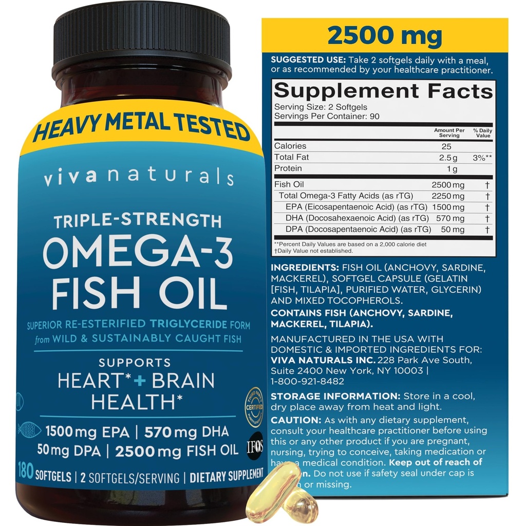 Triple Strength Omega 3 Fish Oil Supplemento per gli uomini e le donne – 2500 mg High-Potency, Easy-to-Absorb Re-esterified Triglyceride Form, Pescatarian-Friendly DPA EPA DHA Omega 3 Supplemento, 180 Softgels