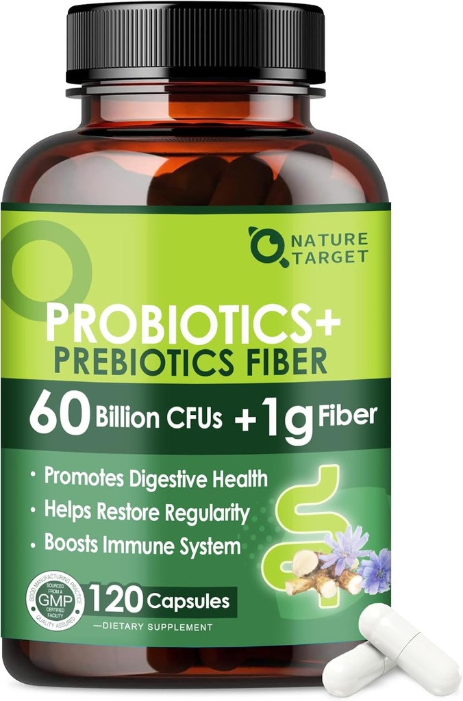 Probiotici per la salute digestiva delle donne e degli uomini con fibra prebiotica - Supplemento fibra con 60 miliardi di probiotici per regolarità e pulizia del fegato - Supporti costipazione occasionale - 120 capsule vegetali